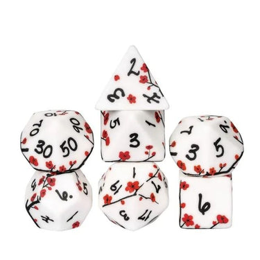 Handmande Red Flowers on White Resin -  7pcs RPG Dice Set